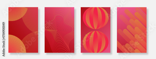 Chinese New Year poster background set. Minimalist cover template with Chinese lantern and geometric shape. Suitable for print decoration, greeting card, festive, banner. Vector