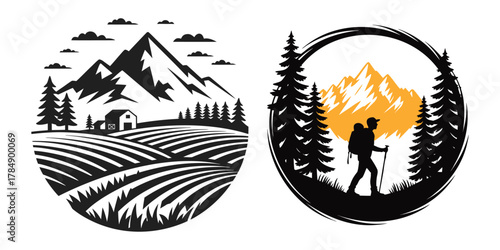 Farm Hiking Mountain Agriculture Vector Logo Set