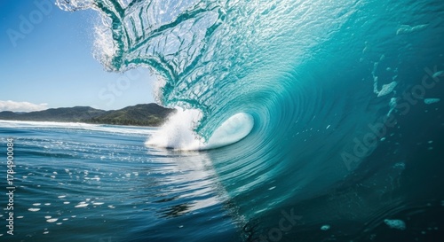 Fototapeta Naklejka Na Ścianę i Meble -  Powerful ocean wave curling into a perfect barrel. Translucent turquoise water catching the sunlight. Tropical coastal scenery for summer vacation. Natural energy and dynamic motion concept