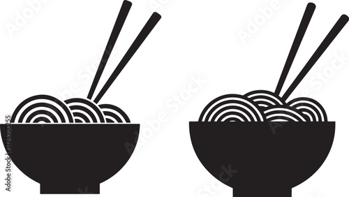 Two bowls of noodles with chopsticks silhouette