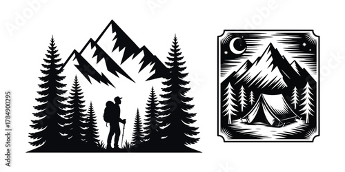 Mountain camping hiking outdoor adventure vector illustration