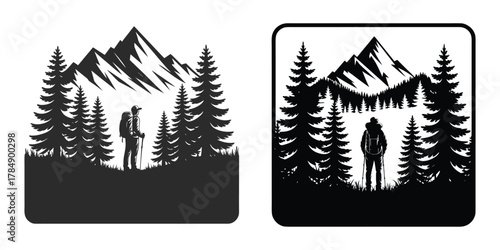 Hiker man in mountain forest vector illustration