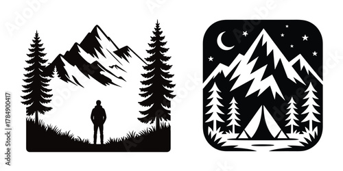 Mountain Landscape Camping and Explorer Vector Illustration Set