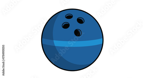 A simple, cartoon-style depiction of a blue bowling ball with finger holes and a contrasting band. Isolated on white