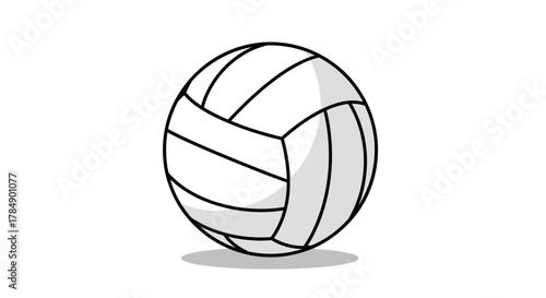A simple, cartoon-style volleyball with black outlines, white and light grey panels, and a subtle shadow on a white background