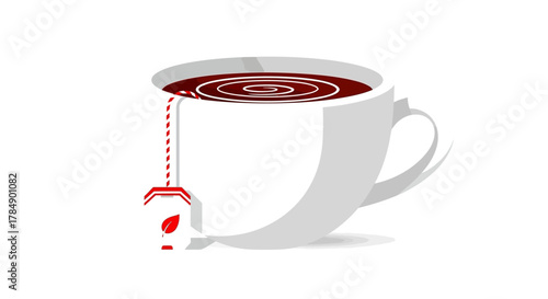 A simple illustration of a white mug filled with dark liquid, tea bag dangling, generating concentric circles