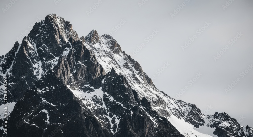 Obraz premium Majestic mountain peak with snow covered slopes. Dramatic alpine landscape with a minimalist aesthetic. Symbol of challenge and achievement in business. Natural scenery for corporate branding