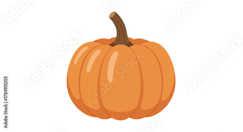 A simple, cartoonish orange gourd with a brown stem, likely a pumpkin, sits isolated against a white background