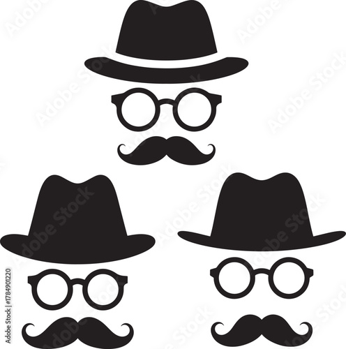 Three gentleman silhouettes with hats glasses and mustaches