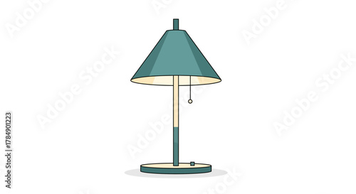 Simple teal desk lamp with a conical shade, base, and pull-chain, glowing with warm light