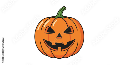 A smiling, cartoonish pumpkin with carved eyes, nose, and mouth, featuring a green stem, on a white background