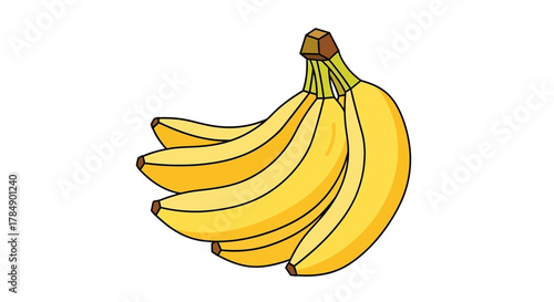 A cartoon bunch of yellow bananas with brown stems, against a white backdrop, slightly angled