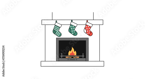 A simple illustration of a fireplace with three decorated stockings hanging from the mantle and a fire burning inside
