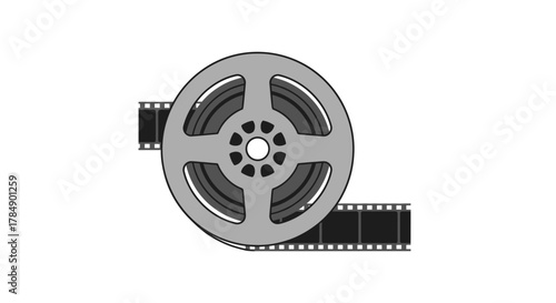 A classic movie reel with film strip extending on either side, depicted in grayscale. Simple design