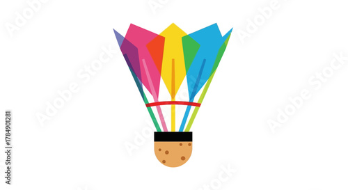 A stylized badminton shuttlecock with a colorful, geometric feather design atop a textured cork base. It is isolated on white