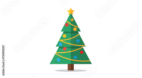 A simple, flat illustration of a Christmas tree with ornaments, a star, and a small shadow