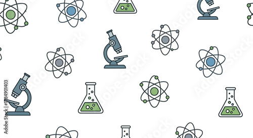 A repeating pattern featuring illustrations of microscopes, atoms, and beakers in a simple, science-themed design