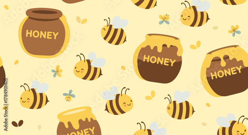 Whimsical pattern of happy bees and honey pots with dripping honey against a soft yellow backdrop