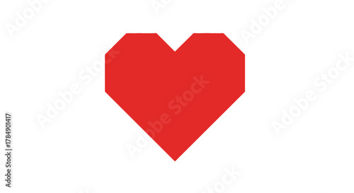 A geometric red heart shape with sharp angles, set against a clean white background, conveying love and affection