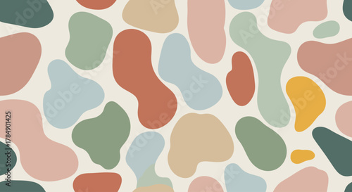Abstract pattern featuring soft, organic shapes in earthy and pastel tones, overlaid on a cream background, creating a seamless design