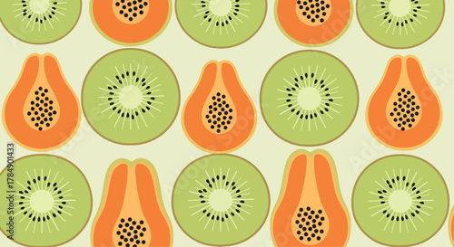 Repeating pattern of sliced papaya & kiwi on a light background. Fruits in circles and elongated shapes. Simple design