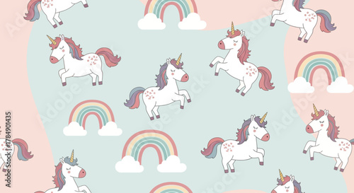 Whimsical pattern of white unicorns with pink manes and tails, rainbows, and clouds on pastel blue and pink backdrop