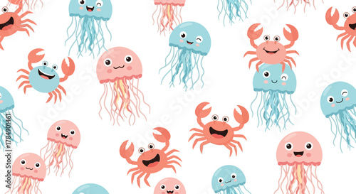 Playful pattern of happy cartoon jellyfish and crabs on white. Soft pastels and whimsical charm create a joyful vibe
