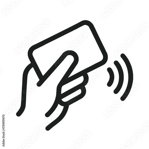Line art icon of hand holding contactless payment card, wireless transaction and NFC technology concept