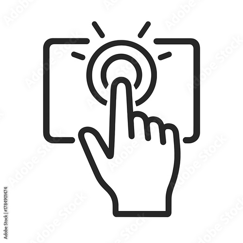 Line art icon of hand pressing touchscreen button, user interface and digital interaction concept