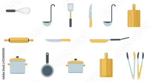 Flat lay of diverse kitchen tools whisk, ladles, spatula, knives, cutting boards, rolling pin, frying pans, pots, and tongs