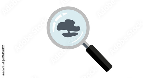 A magnifying glass focuses on an abstract dark shape, appearing to enlarge its details against a white background