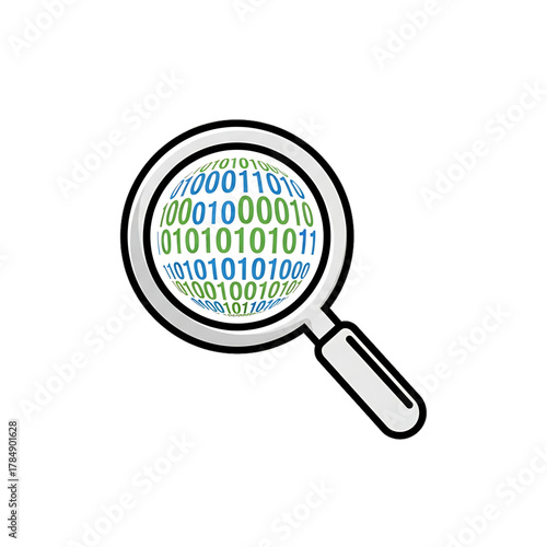 Magnifying glass examining binary code representing digital search or data analysis.