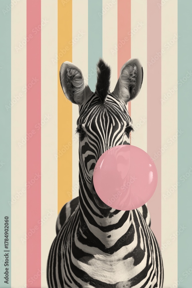 Naklejka premium Zebra Blowing Pink Bubble Gum in a Colorful Striped Background