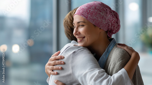 World cancer day research and care concept faceless compassionate caregiver embracing patient defocused bright medical setting background emotional support moment cancer