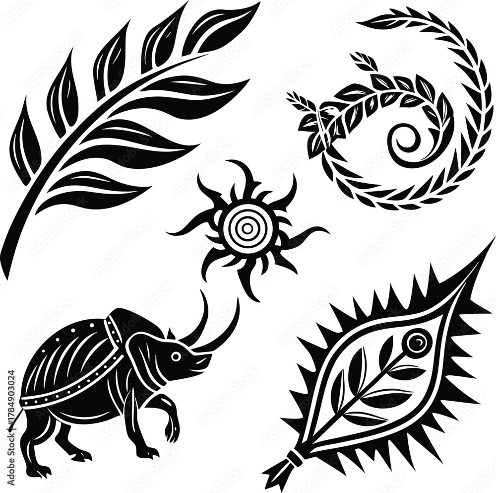 Obraz premium Vector set of five bold black tribal illustrations featuring a stylized rhinoceros beetle, sun symbol, intricate spikey leaf, fern foliage, and spiral laurel wreath for graphic design.