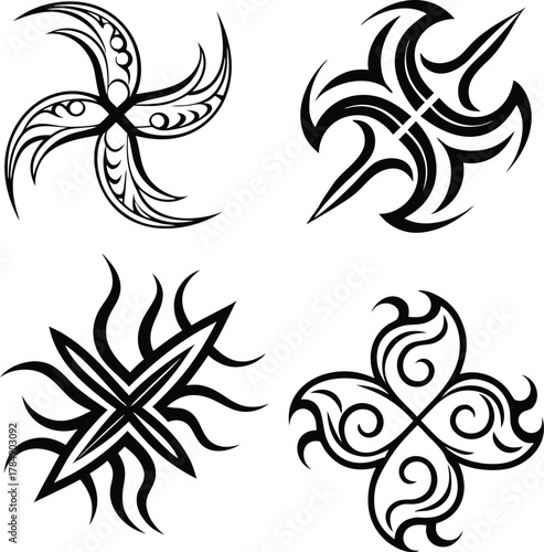 Set of four abstract black tribal vector symbols featuring four-pointed rotational designs, stylized pinwheel shapes, and dynamic propeller or cross elements for graphic logo and tattoo art.