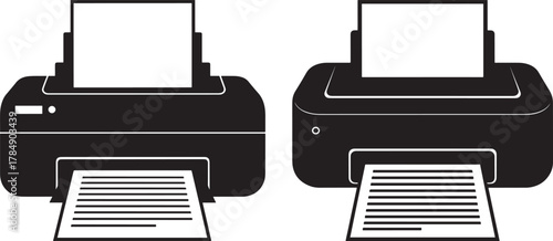 Two black inkjet printer silhouettes with paper