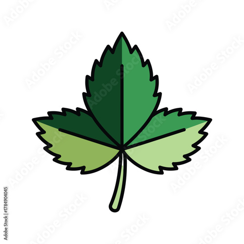 a minimalist modern vector icon of a strawberry leaf, using deep green, light olive, and beige stem hues, isolated on a solid white background.