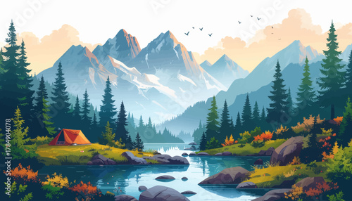 Mountain landscape with lake and camping tent