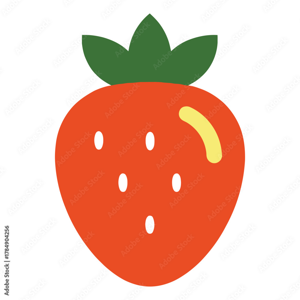 Obraz premium A minimalist modern vector icon of a strawberry, using bright red, forest green, and delicate white seeds, isolated on a solid white background.