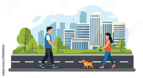 Couple strolling with playful puppy in vibrant city park on sunny day, enjoying active lifestyle and urban nature walk together
