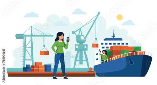 Efficient logistics operations at a bustling port with cargo ship, containers, and cranes managed by a woman using a walkie talkie for seamless trade