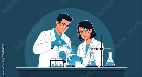 Dedicated scientists collaborate on groundbreaking research, meticulously mixing chemicals in a modern laboratory for innovation and discovery