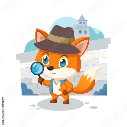 A smart cartoon fox in a hat with a magnifying glass, looking for clues in a city alley.