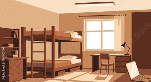 Cozy dormitory room with bunk beds, desk, and laptop, perfect for student life or shared living spaces