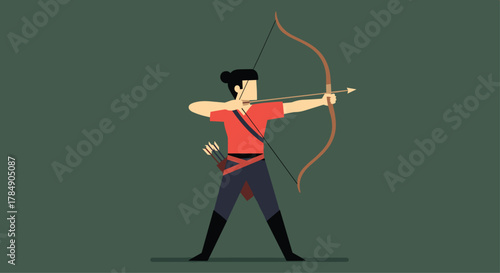 Focused archer aims with bow and arrow, embodying precision, strength, and determination in a striking minimalist style
