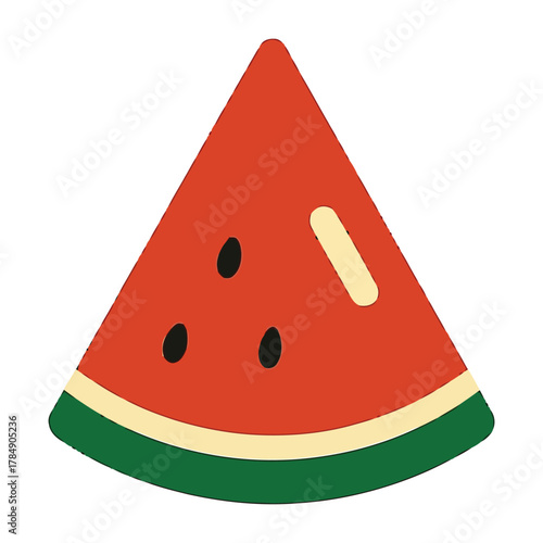 A minimalist modern vector icon of a watermelon slice, using deep red, emerald green, and black seed accents, isolated on a solid white background.