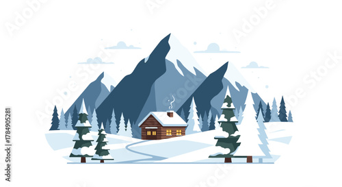 Cozy winter cabin nestled in snowy mountains with warm lights glowing invitingly