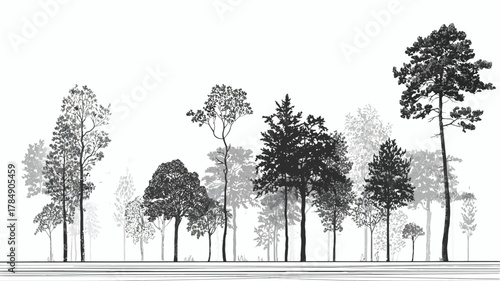 Minimal CAD Tree Line Drawings – Outline Symbols and Graphic Tree Elements for Landscape Design, Vector Illustration Set for Architecture and Planning