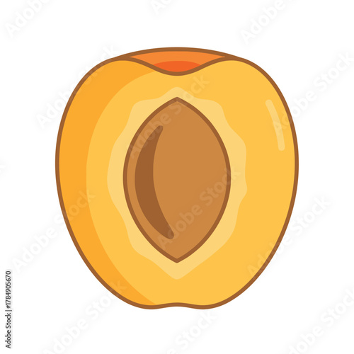a minimalist modern vector icon of an apricot half, using orange-gold, soft yellow, and brown pit tones, isolated on a solid white background.